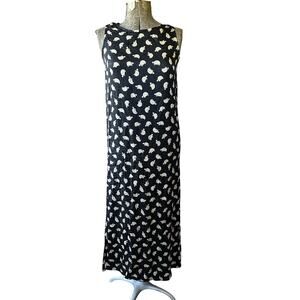 Whimsical 100% Silk Turtle Print Maxi Dress XS Sleeveless Black Novelty Resort